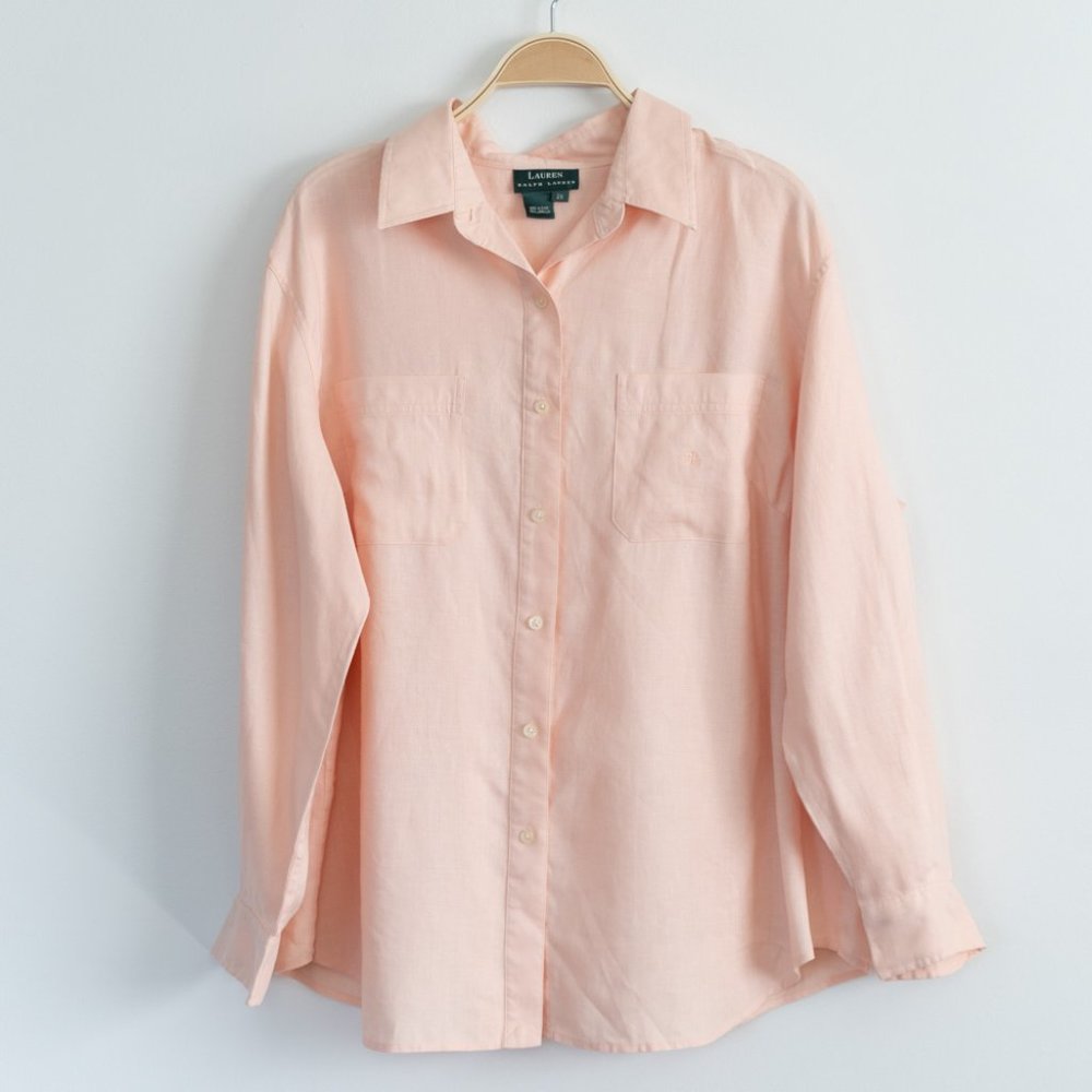 Lauren Ralph Lauren Womens Linen Button Up Long Sleeve Shirt Sz 2X Pale Pink